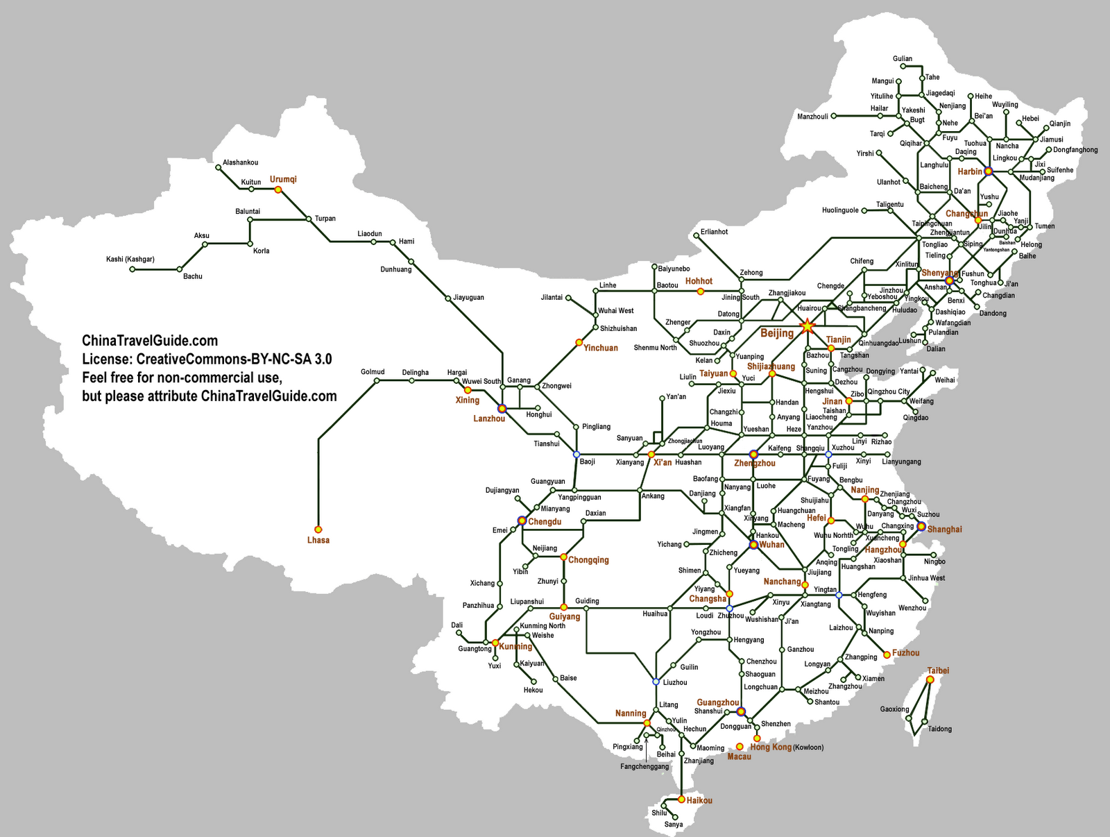 Kiinan rautatiet - kartta, sivusto, valokuva