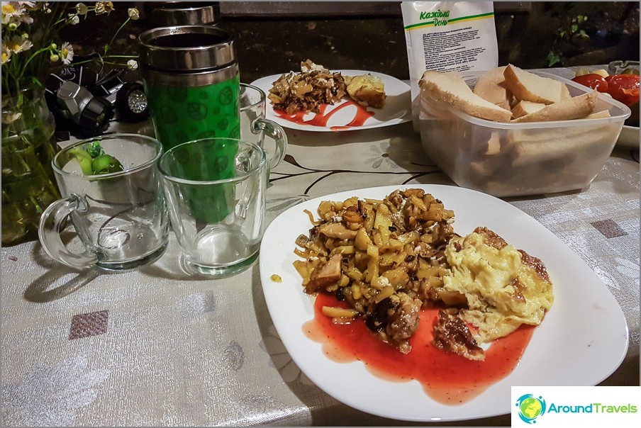 Camping food - potatoes with mushrooms collected from the forest