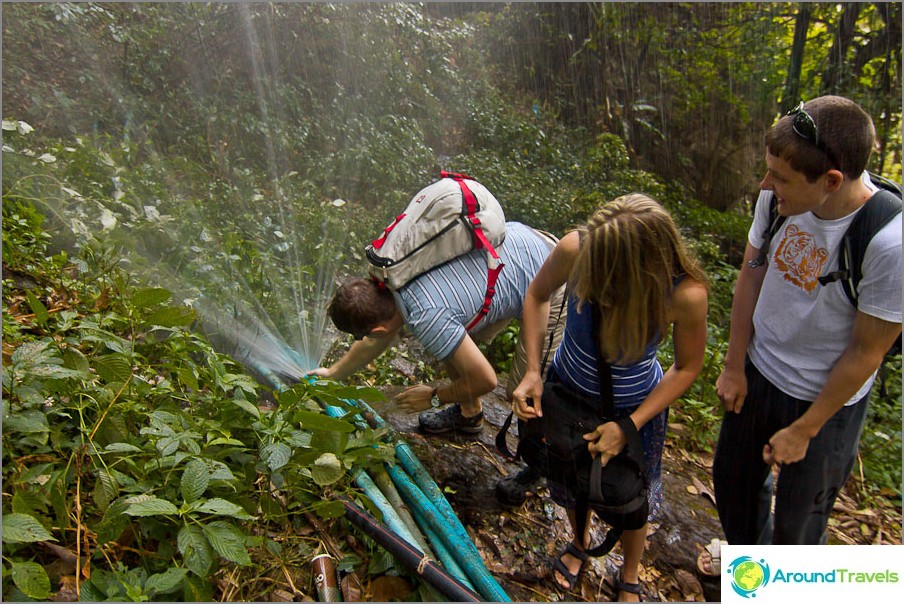 A pipe was broken near one of the waterfalls and we are trying to fix it