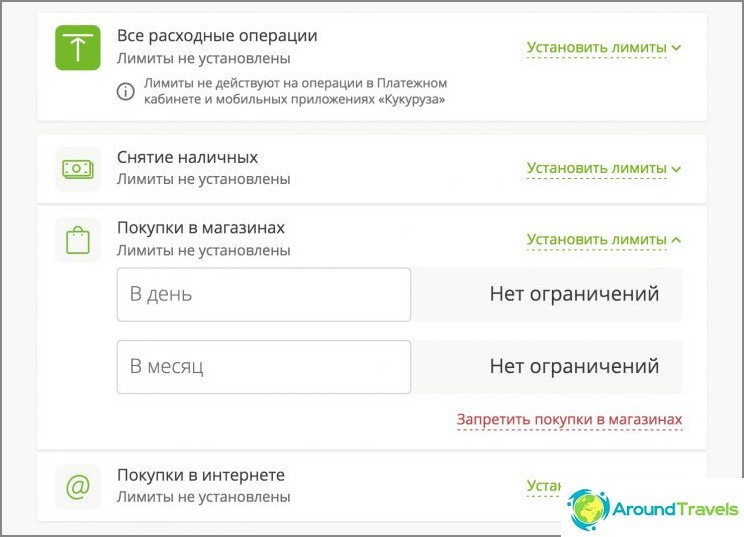 Ліміти на операції в Особистому кабінеті і по карті