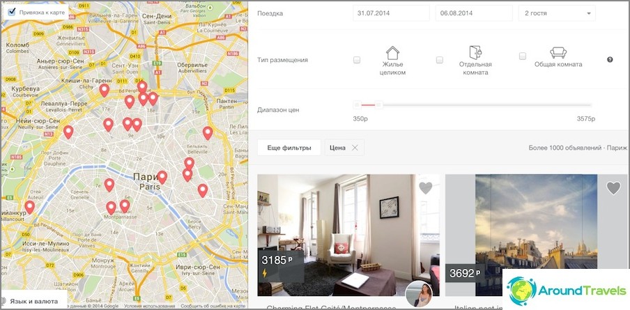 Accommodation search results in Paris