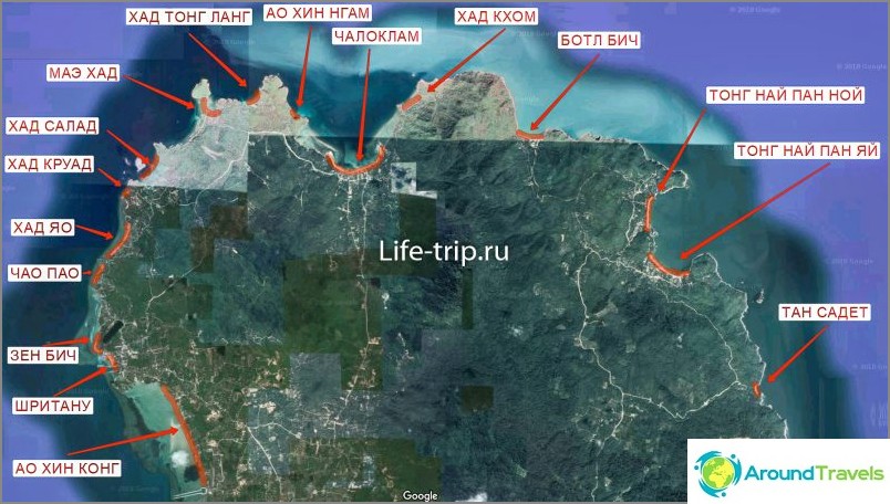 Mapa plaż Phangan, północ