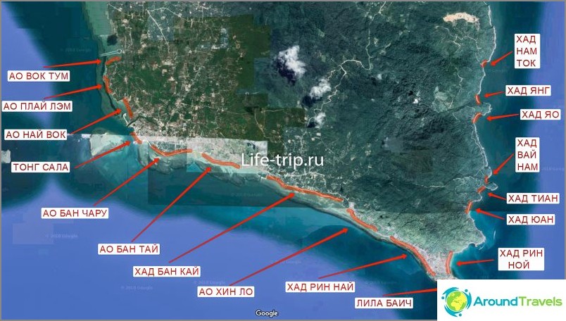 Карта пляжів Панган, південь