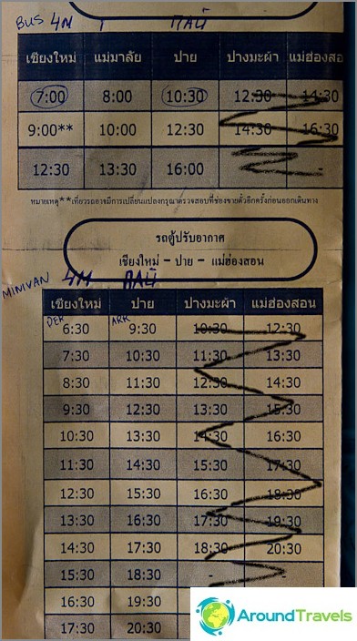 Timetable of buses and minibuses from Chiang Mai to Pai