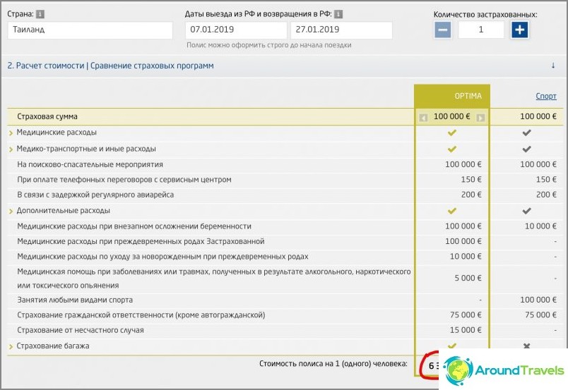 ERV-kosten in euro's op de officiële website