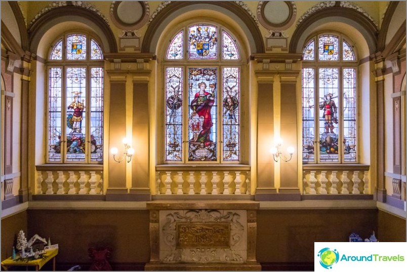 Stained glass windows inside the town hall