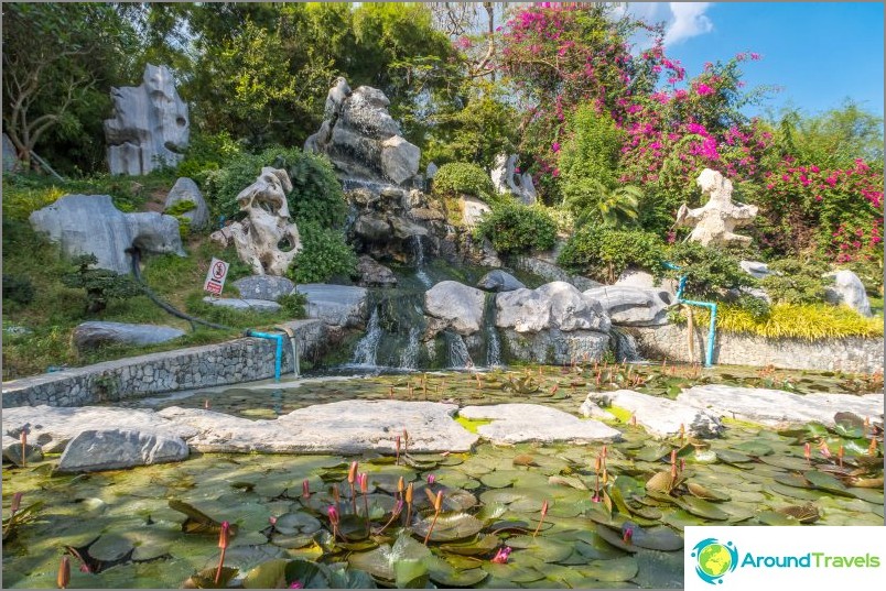 Artificial waterfall and lotuses