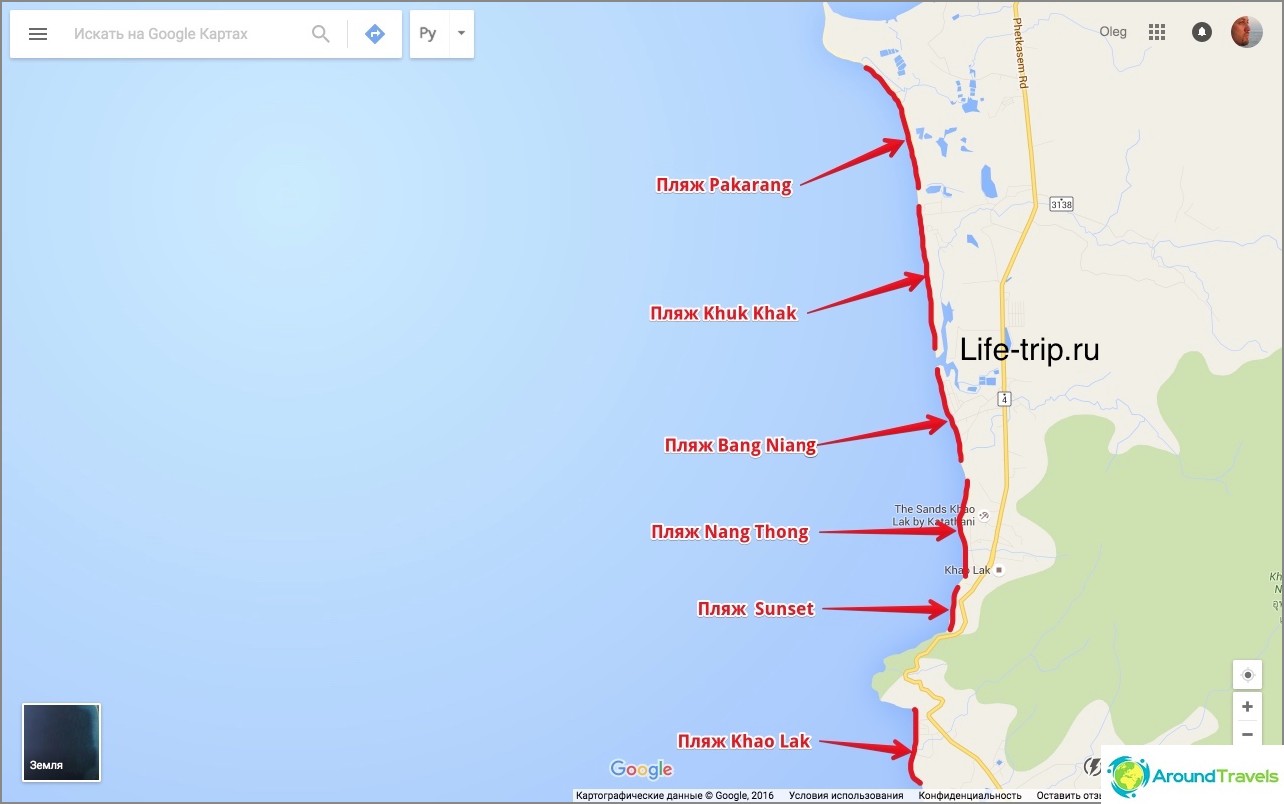 Karta över stränderna i Khao Lak