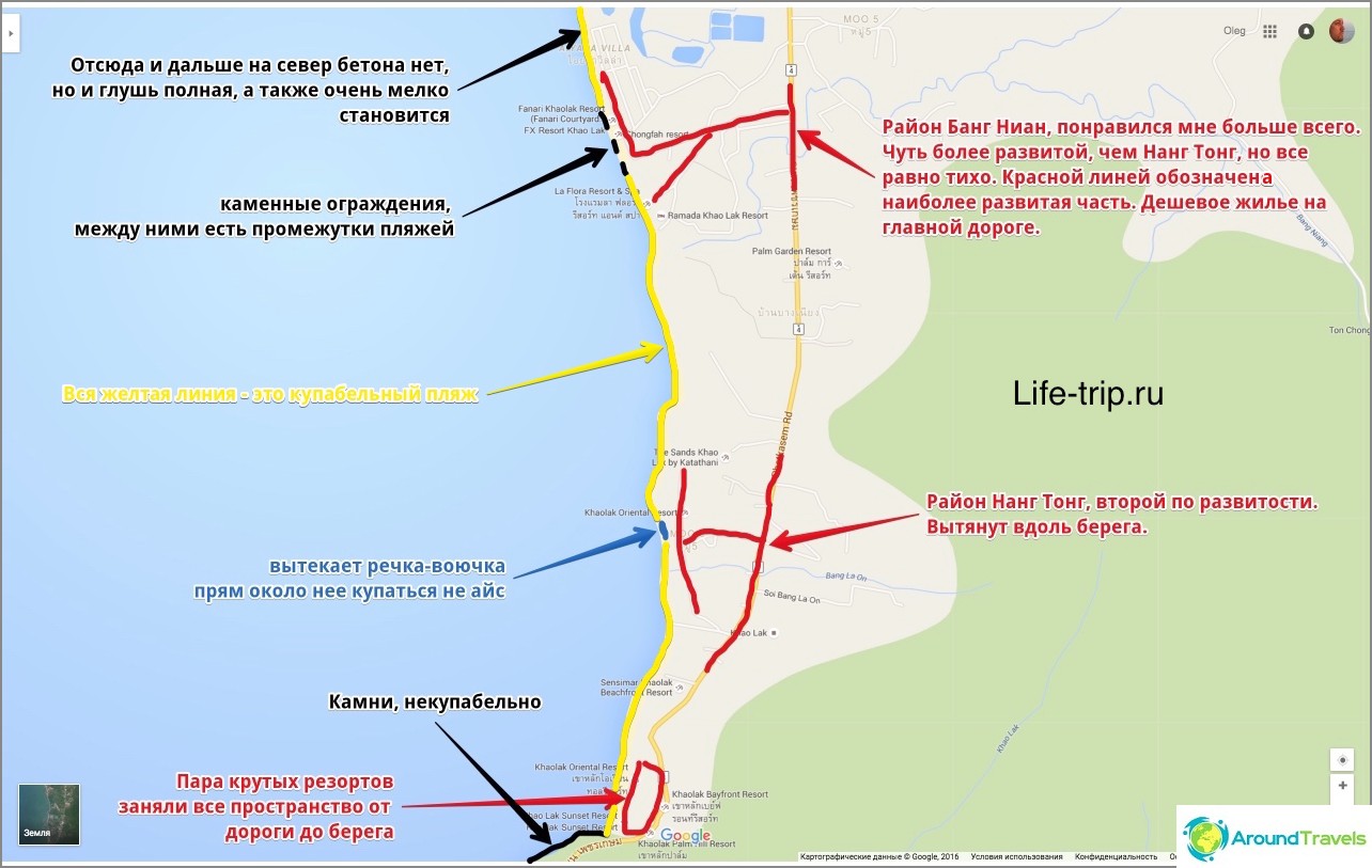 Carte des plages de Nang Tong et Bang Niang