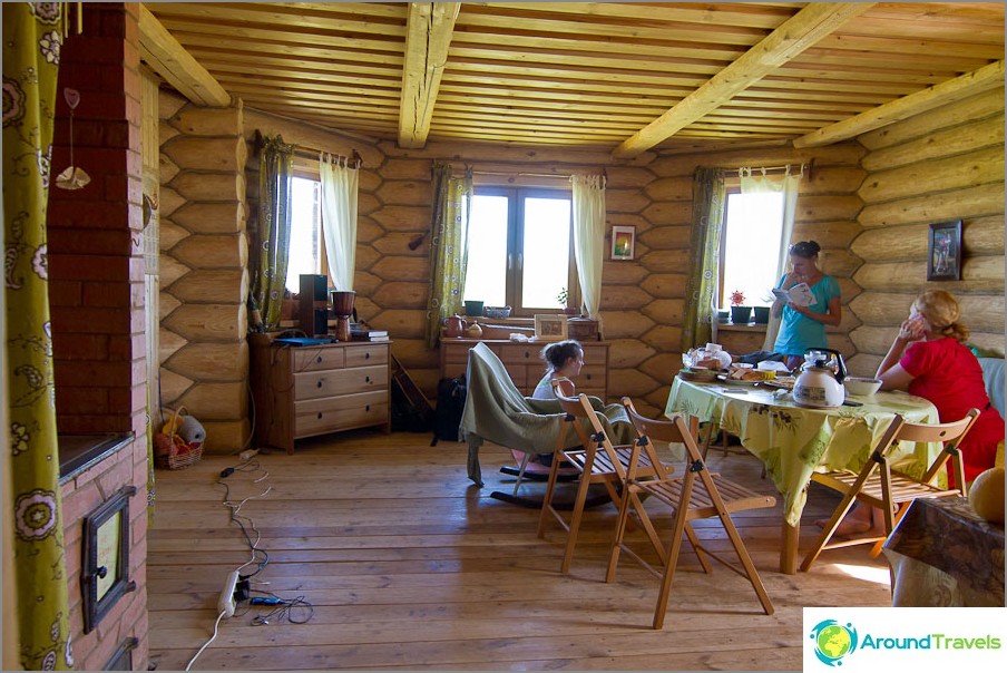 Friends inside the log house