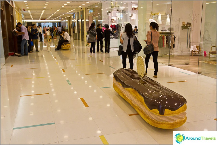 In the shopping center, shops in the form of eclairs