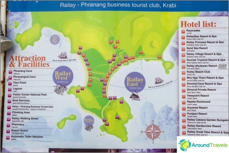 Mapa polostrova Railay a pláží