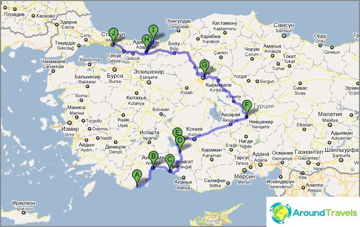 Route in Turkey. Antalya-Cappadocia-Istanbul.