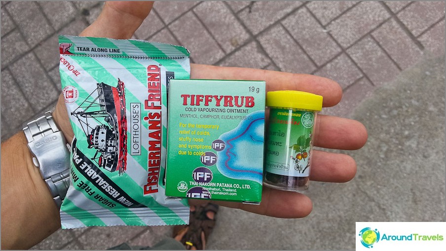 From left to right: throat lozenges, eucalyptus ointment for colds, mucaltin-type balls